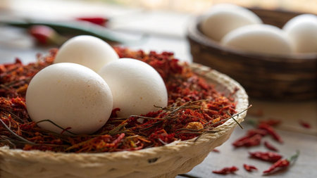 Three white eggs in a basket with red chili pepper on a wooden table