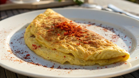 Omelet with paprika on a white plate in a restaurantの写真素材