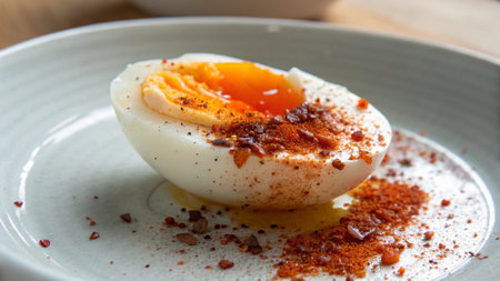 Soft boiled egg with paprika and cinnamon on white plateの写真素材