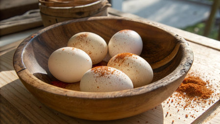 Boiled chicken eggs in a wooden bowl on a wooden table.
