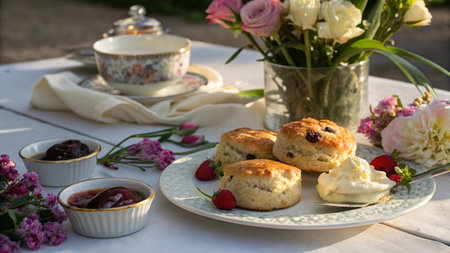 Scones with berry jam on a table in the gardenの写真素材
