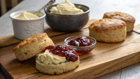 Scones with butter, jam and butter on wooden board.