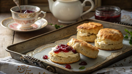 Scones with berry sauce on vintage tray, selective focusの写真素材