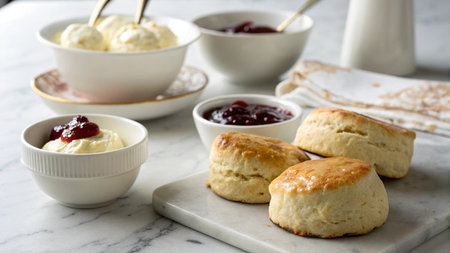 Traditional scones with berry jam and ice creamの写真素材