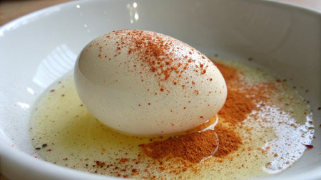 Boiled egg with cinnamon on a white plate, close-up