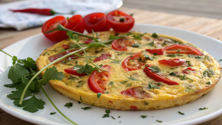 Omelet with tomatoes and parsley on a wooden table.の写真素材