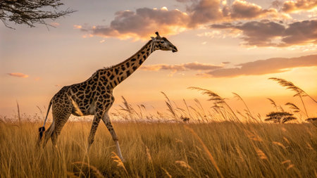 Giraffe at sunset in Serengeti National Park, Tanzaniaの写真素材