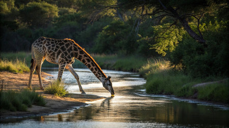 Giraffe drinking water in Kruger National Park, South Africa ; Specie Giraffa camelopardalis family of Giraffidaeの写真素材