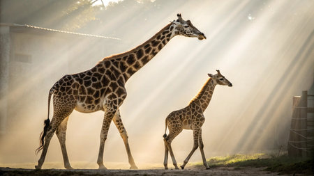 Two giraffes in the sun with rays coming through the treesの写真素材