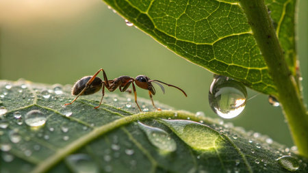 ant on leaf with dew drops in the morning, close upの写真素材