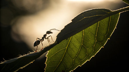 Ants on a green leaf in the rays of the setting sunの写真素材
