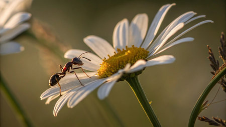 Ant on a daisy flower in the field. Macro shot.の写真素材