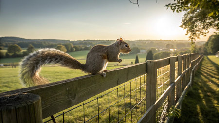 Squirrel on a fence at sunset in the countryside in England.の写真素材
