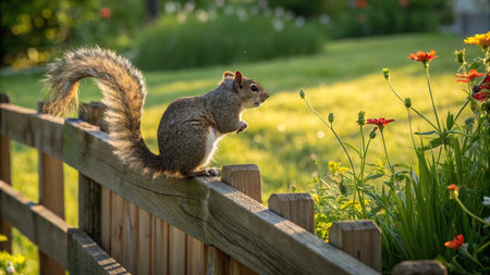 Squirrel on a wooden fence in a garden in the summer.