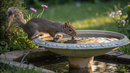 Squirrel drinking water from a bowl in a garden setting with flowersの写真素材