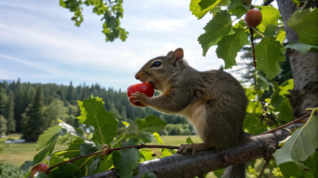 Squirrel on a tree eating a red apple in the forest.の写真素材