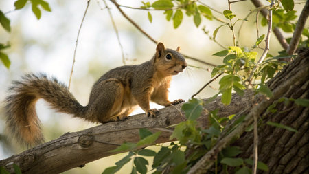 Squirrel on a tree in the forest. Wildlife scene from nature.