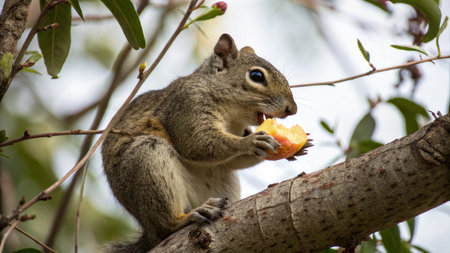 Squirrel eating an apple on a tree branch in the forest.の写真素材