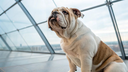 english bulldog sitting on the floor in the corridor of a modern buildingの写真素材