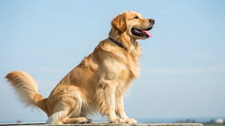 Golden Retriever sitting in the park on the blue sky background