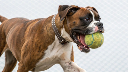 Boxer dog playing with a ball on a tennis court. Selective focus.の写真素材