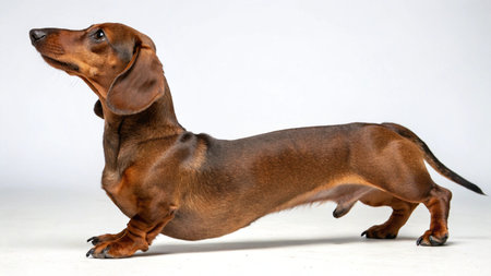 Studio shot of an adorable Dachshund standing on white background.の写真素材