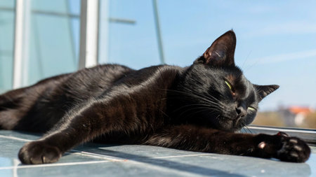 Funny cat with green eyes on the background of the window.の写真素材