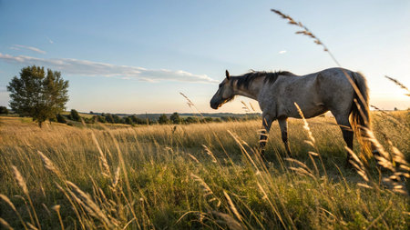 Horse standing in the meadow at sunsetの写真素材