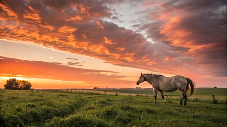 Horse in a green meadow at sunset with clouds in the skyの写真素材