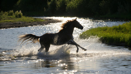 Horse galloping in the water on a sunny summer day.の写真素材