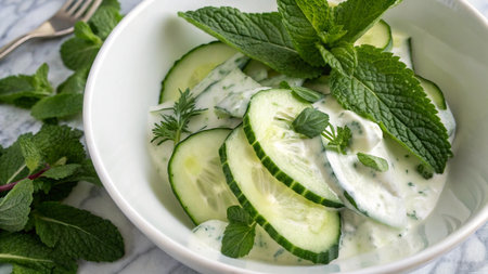 Cucumber salad with yogurt and mint in a white bowl.の写真素材
