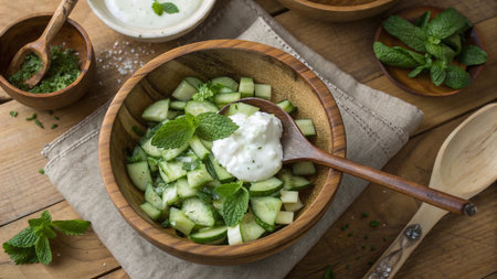 Cucumber salad with yogurt and mint in a wooden bowl.の写真素材