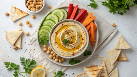 Bowl with tasty hummus, vegetables and crackers on light backgroundの写真素材