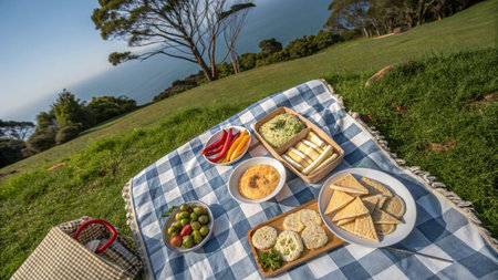 Picnic on the grass in the countryside on a sunny day.の写真素材