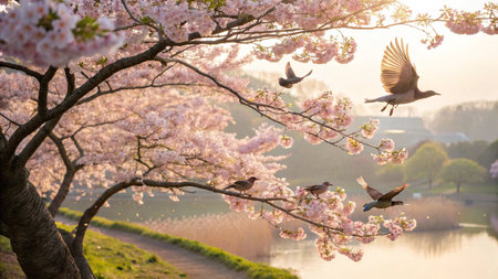 cherry blossom and flying birds in spring time with sun rays