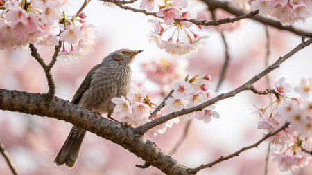 Cherry blossom and bird in spring time. (Phoenicurus phoenicurus)の写真素材