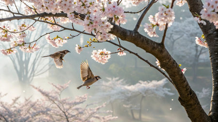 Sparrow flying over cherry blossoms in spring, Japan.