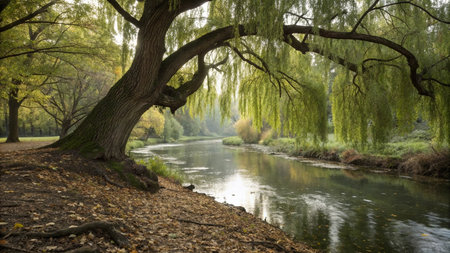 Autumn landscape with willow tree and river in the park.の写真素材