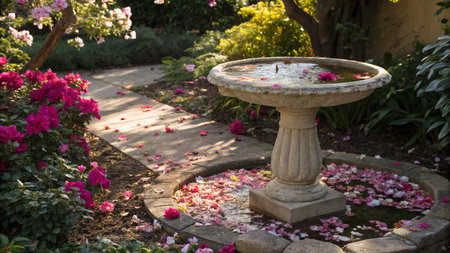 Stone fountain in the garden with pink flower petals on it.