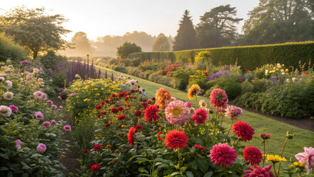 Beautiful dahlia flowers in a garden at sunrise in summerの写真素材