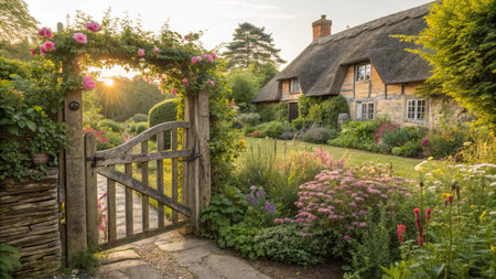 English cottage with a gate and flowers in the garden at sunset.の写真素材
