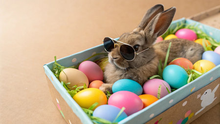 Easter bunny with colorful eggs in a box on a brown backgroundの写真素材