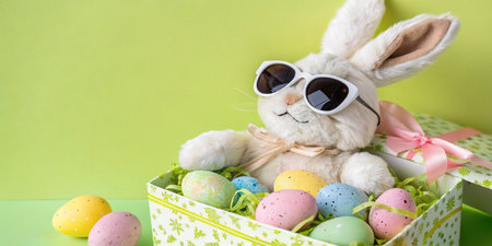 Easter bunny in a gift box with colorful eggs on green background
