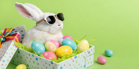 Cute Easter bunny with colorful eggs and gift box on green backgroundの写真素材