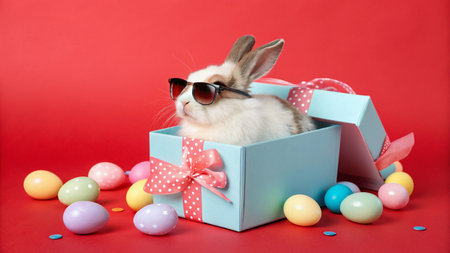 Cute bunny in gift box on red background. Easter holiday conceptの写真素材