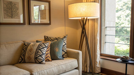 Luxury living room interior with sofa, pillows and reading lamp
