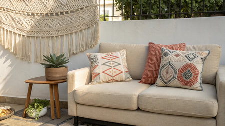 Sofa with pillows on terrace in the garden.