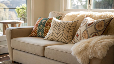 Living room interior with beige sofa, pillows and cushions