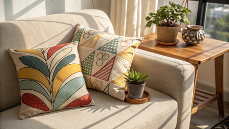 Pillow on sofa in modern living room with plant in pot