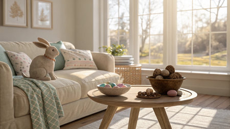 Easter eggs in bowl and bunny toy on table in living roomの写真素材